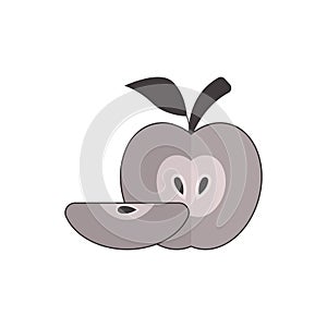 Half whole apple with a slice and seed inside. Silhouette apple icon. Fruit with branch and leaf.