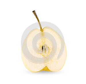 Half yellow pear fruit on white background