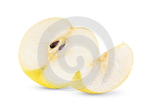 Half of yellow pear fruit on white background