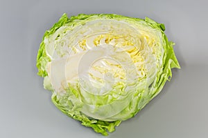 Half of young white cabbage head on a gray background