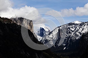 Halfdome With Snow Blue Sky White Clouds Yosemite