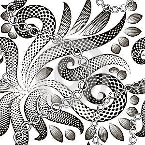 Halftone abstract floral Paisley vector seamless pattern. Black and white monochrome background. Half tone dotted hand drawn
