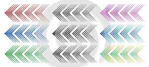 Halftone arrows. Color web arrow with dots. Colorful dotted moving forward and download symbols isolated vector set