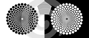 Halftone background with pentagons in circle form. Design element or icon. Black shape on a white background and the same white