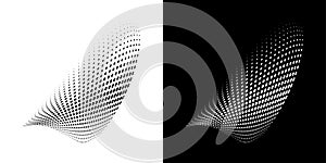 Halftone circle dots curved gradient texture background. 3d logo. Curve dotted emblem. Vector.