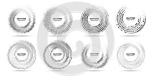 Halftone circle dotted frame circularly distributed. Logo emblem design element. Half tone circular background pattern.