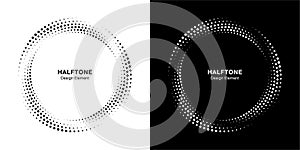 Halftone circle dotted frame circularly distributed set. Abstract dots logo emblem design element. Vector.