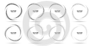 Halftone circle dotted frame circularly distributed set. Circle dots logo emblem halftone dots pattern. Vector.