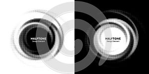 Halftone circle dotted frame circularly distributed set. Round border Icon using random halftone circle dot texture.