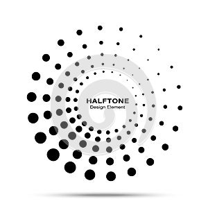 Halftone circle dotted frame circularly distributed. Vector dots logo emblem design element.