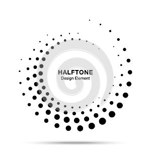 Halftone circle dotted frame. Vector dots logo emblem. Round border halftone circle dot raster texture.