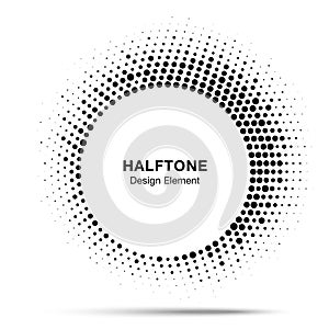 Halftone circle frame abstract dot logo emblem design element. Half tone circular icon. Vector illustration.
