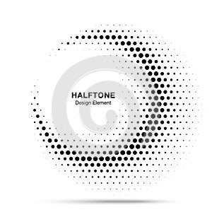 Halftone circle frame abstract dots emblem. Round border using halftone circle dots raster texture. Vector illustration.