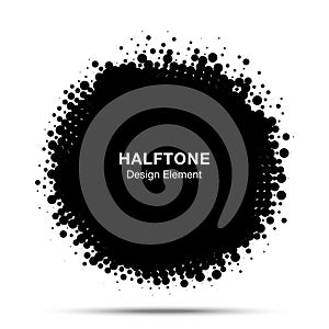 Halftone circle frame abstract dots logo emblem design element. Half tone circular icon. Vector illustration.