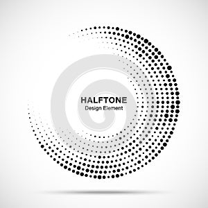 Halftone circle frame with black abstract random dots, logo emblem design element for technology, medical, treatment