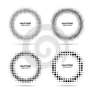 Halftone circle frame dots logo emblem set isolated on white background. Circular Halftone Design element. Vector