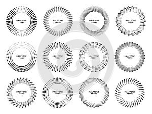 Halftone circle frame. Retro round frame with halftones dots gradient, dotted circles shapes and abstract geometric dots