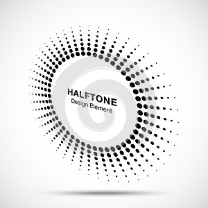 Halftone circle perspective frame abstract dots logo emblem. Round border halftone circle dots raster texture. Vector.