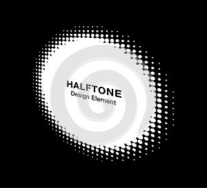 Halftone circle perspective frame dots logo emblem. Round border Icon using halftone circle dots raster texture. Vector.