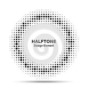 Halftone circle vector frame with black abstract random dots. Round border using halftone circle dots raster texture.