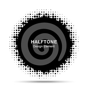 Halftone circle vector frame with black abstract random dots. Round border using halftone circle dots raster texture.