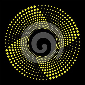 Halftone circle vector frame with yellow abstract random dots, logo emblem, design elements. Optical art.