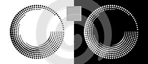 Halftone circles with squares.Abstract creative background or icon, logo, tattoo. Black shape on a white background and the same
