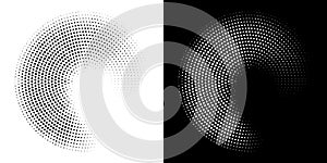 Halftone Circular Dot Pattern. Circle Frame using Halftone Dots Raster Texture. Spiral logo Icon. Radial design element. Vector