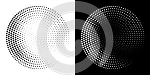 Halftone Circular Dot Pattern. Circle Frame using Halftone Dots Raster Texture. Spiral logo Icon. Radial design element. Vector