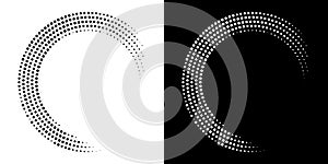 Halftone Circular Dot Pattern. Circle Frame using Halftone Dots Raster Texture. Spiral logo Icon. Radial design element. Vector