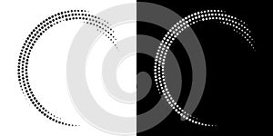 Halftone Circular Dot Pattern. Circle Frame using Halftone Dots Raster Texture. Spiral logo Icon. Radial design element. Vector