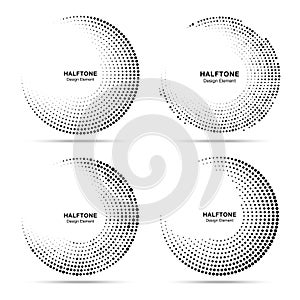 Halftone circular dotted frames set. Circle dots isolated on the white background. Logo halftone design element. Vector