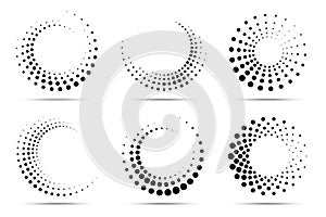 Halftone circular dotted frames set. Circle half tone dots isolated on the white background. Logo design element. Vector