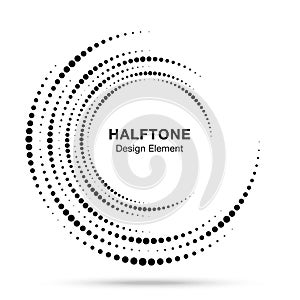 Halftone circular vortex dotted frame. Circle swirl dots isolated on white background. Logo halftone texture. Vector