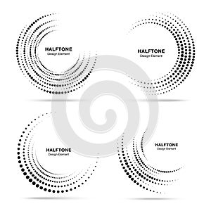 Halftone circular vortex dotted frame set. Circles swirl dots isolated on white background. Logo design element.