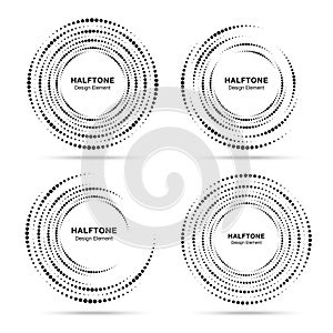 Halftone circular vortex dotted frame set. Circles swirl dots isolated on white background. Logo design element.