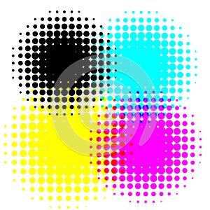 Halftone CMYK set of overlay backgrounds. Four colored vector blots - Cyan, Magenta, Yellow and Black. Emulation of raster dot