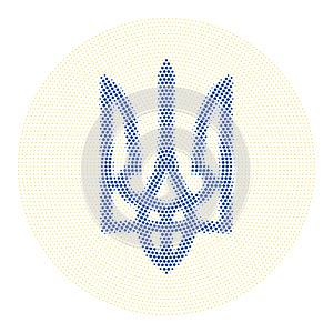 Halftone coat of arms Ukraine in national blue color. and yellow. Ukrainian patriotic trident. Isolated on white