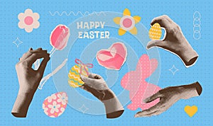 Halftone Collage artwork torn paper stickers set for invitation. card. brochure with female hands holding painted eggs