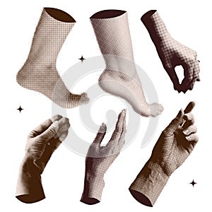 Halftone collage design elements set in trendy magazine style. Female Hands and legs. Vector illustration with vintage