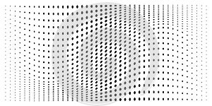 Halftone convex distorted gradient circle dots background. Horizontal distort bulging halftone dots pattern. Vector photo