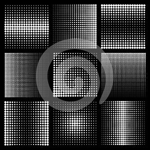 Halftone design elements with white dots on black background. Comic dotted pattern. Vector illustration.