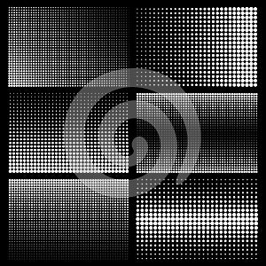 Halftone design elements with white dots on black background. Comic dotted pattern. Vector illustration.