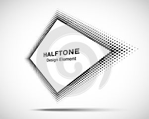 Halftone distort rhombus in perspective. Circle dots. Logo design element. Sale banner. Half tone rectangle. Vector