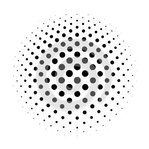 Halftone dots in radial gradient. Bulge sphere. Raster industrial.