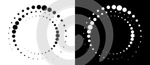 Halftone dots in spiral. Modern abstract background. Design element or icon, logo. Black shape on a white background and the same