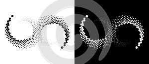 Halftone dots in spiral. Modern abstract background. Design element or icon, logo. Black shape on a white background and the same