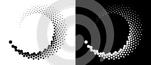 Halftone dots in spiral. Modern abstract background. Design element or icon, logo. Black shape on a white background and the same