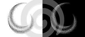 Halftone dots in spiral. Modern abstract background. Design element or icon, logo. Black shape on a white background and the same