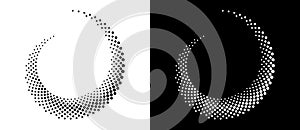 Halftone dots in spiral. Modern abstract background. Design element or icon, logo. Black shape on a white background and the same